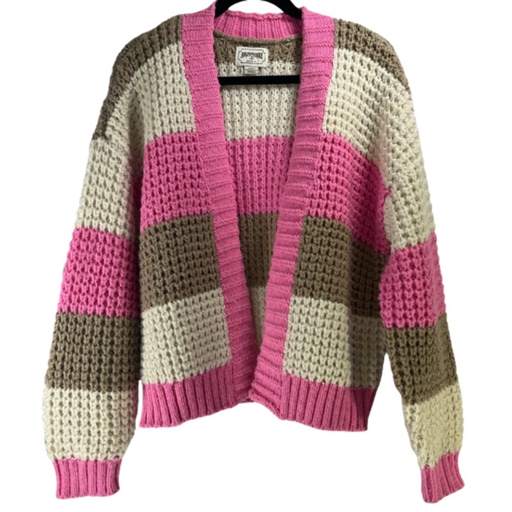 American Eagle Pink Brown Cream Chunky Knit Oversized Open Cardigan Sweater S